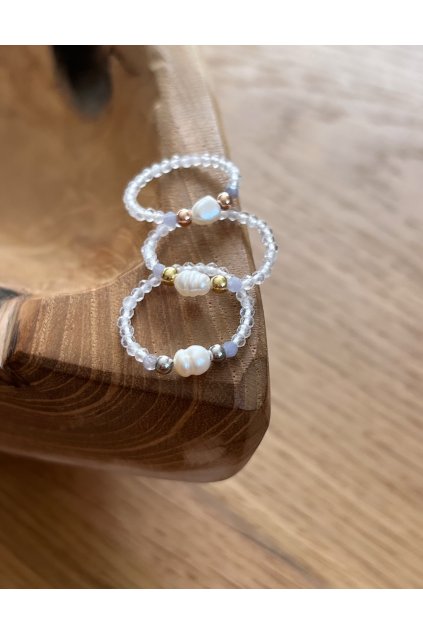 Dámský prstýnek z minerálů - Křišťál, Tanzanit 2 mm, Říční perla 4-5 mm