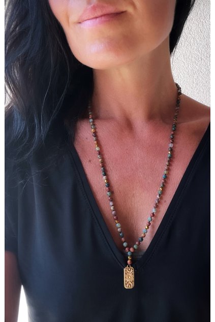 Dámský náhrdelník  z minerálů - Indický Achát, Jaspis Picasso 4 mm,  přívěšek BOHO hvězdy, měsíce a ochranného oka