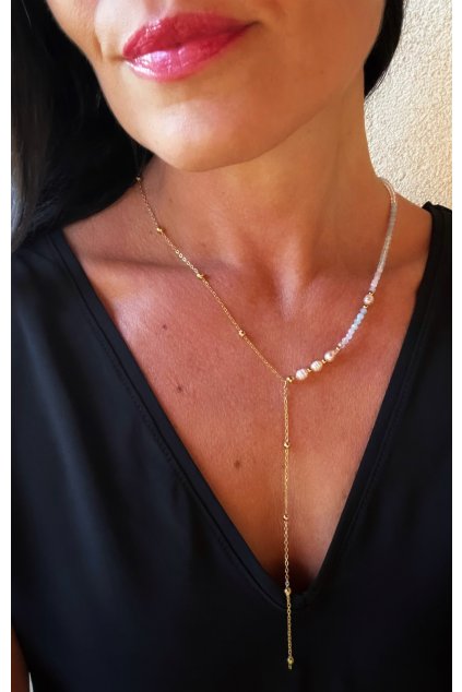 Dámský náhrdelník z minerálů - Topaz, Angelit, Růženín, fialový Turmalín 3mm, růžové říční perly 5-7 mm, zlatý řetízek se zlatými kuličkami z oceli