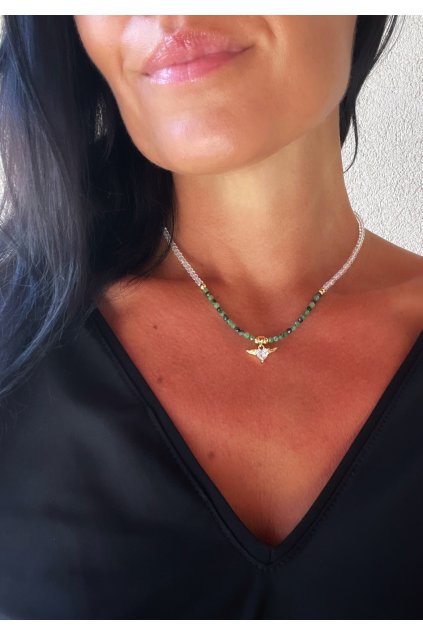 Dámský náhrdelník z minerálů - Křišťál, Rubín v zoisitu, 3 mm, srdíčko s křídly barva zlatá