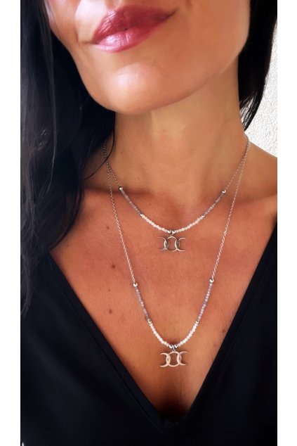 Dámský náhrdelník  z minerálů - Měsíční kámen, Tanzanit 2 mm, Fáze Luny, stříbrný řetízek - ocel