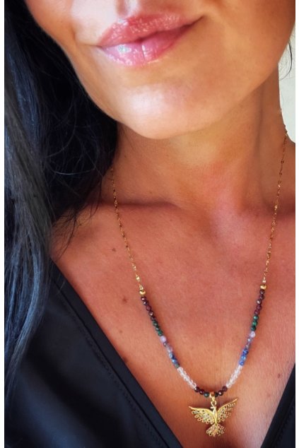 Dámský náhrdelník  z minerálů - Malachit, Granát, Kříšťál, Lapis Lazuli, Ametyst 3mm, Fénix s barevnými zirkony, řetízek zlatý ocel