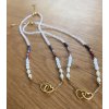 Dámský náhrdelník  z minerálů - Růženín, Měsíční kámen 4 mm, Turmalín, Lapis Lazuli, Křišťál 3 mm,  Říční perly 4-5 mm , spojené srdce, řetízek zlaté ocel