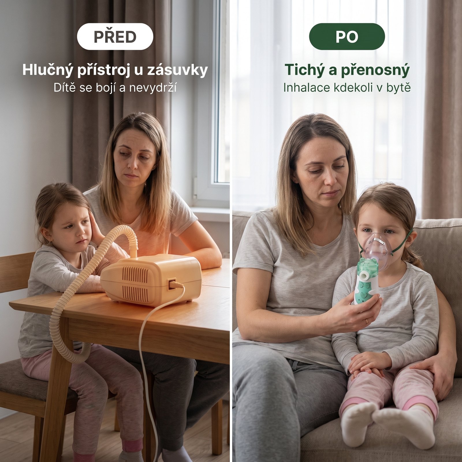Oromed ORO-MESH Baby Green inhalátor – před a po, klidná inhalace