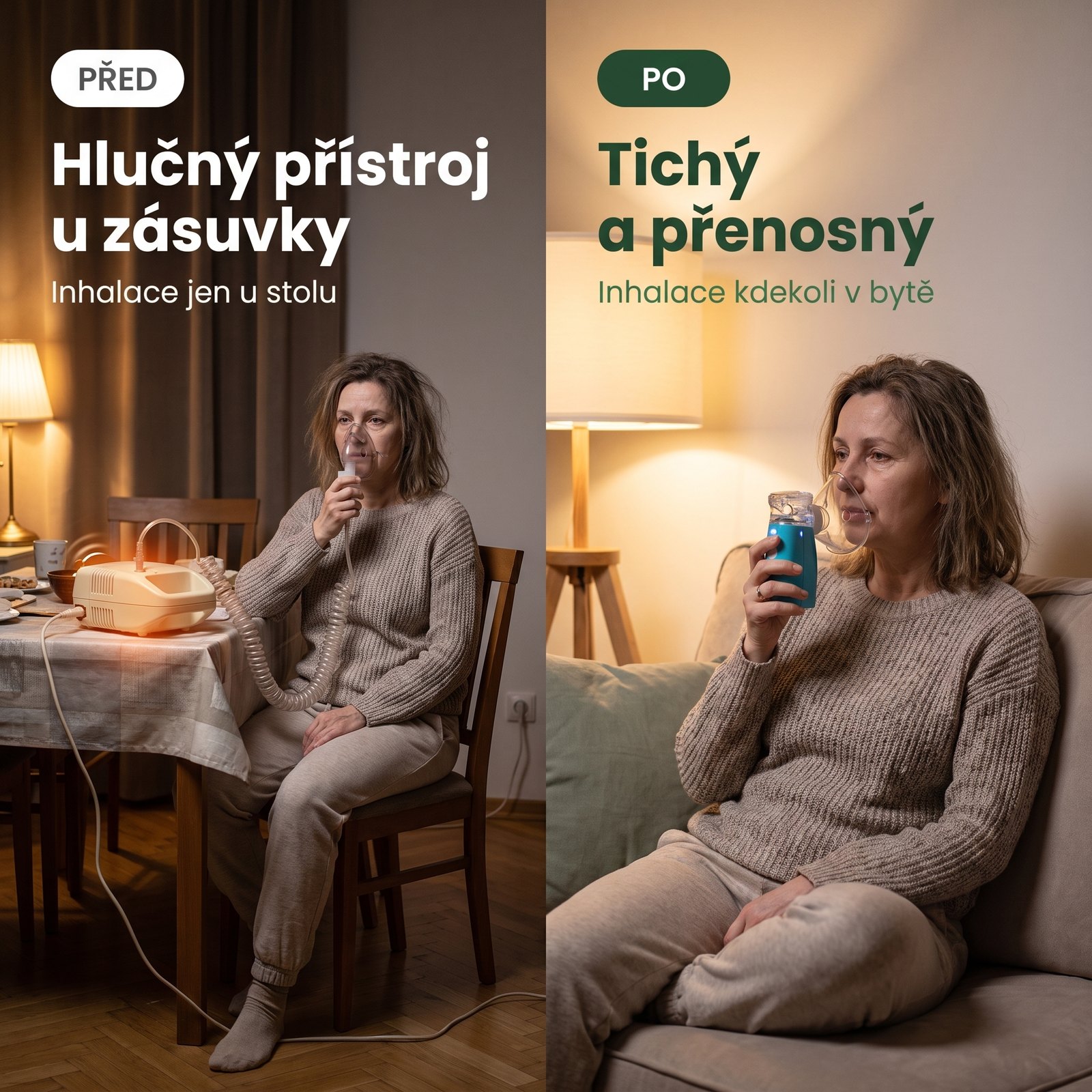 Oromed ORO-MESH membránový inhalátor – před a po, inhalace doma