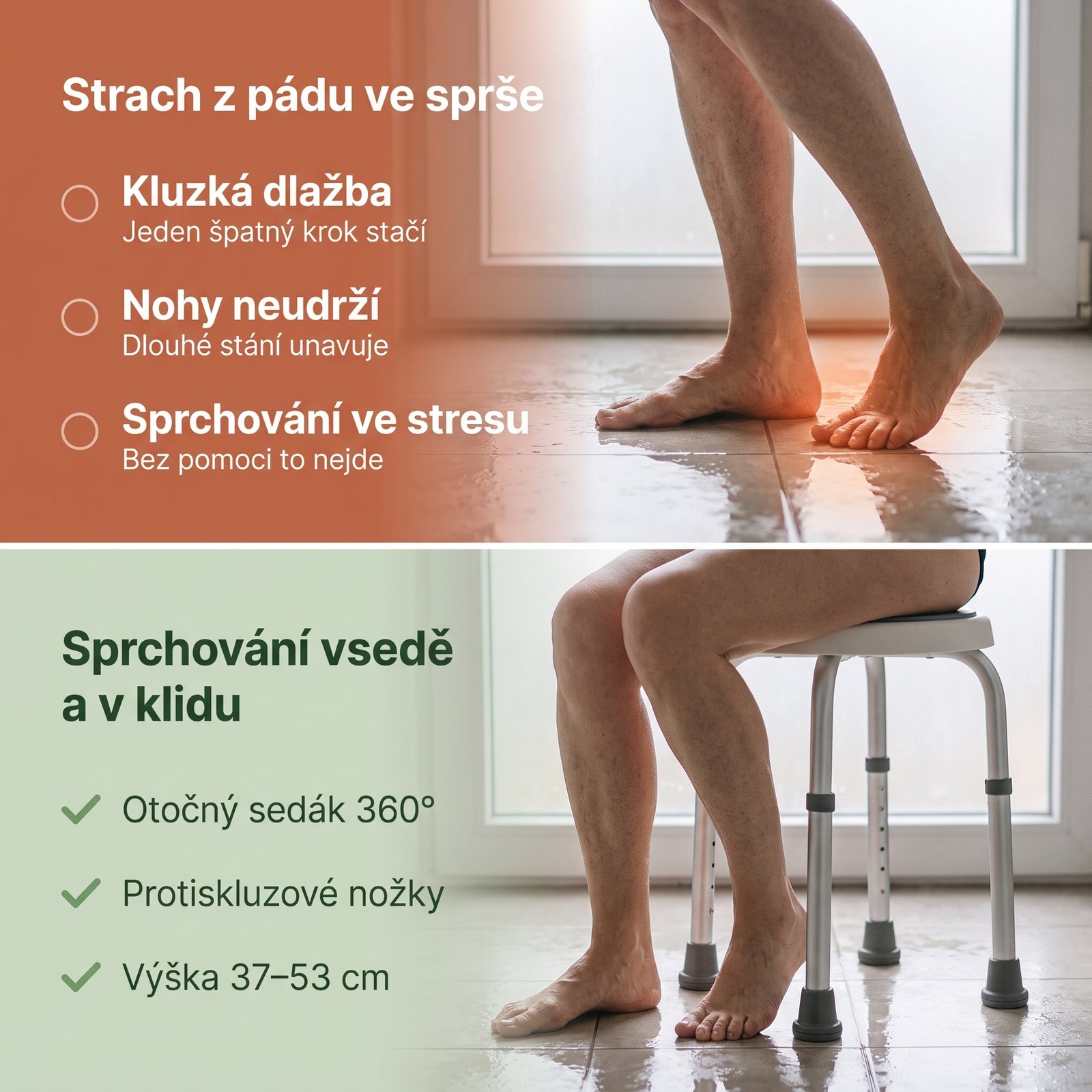 Otočná sprchová stolička – před a po, bezpečné sprchování