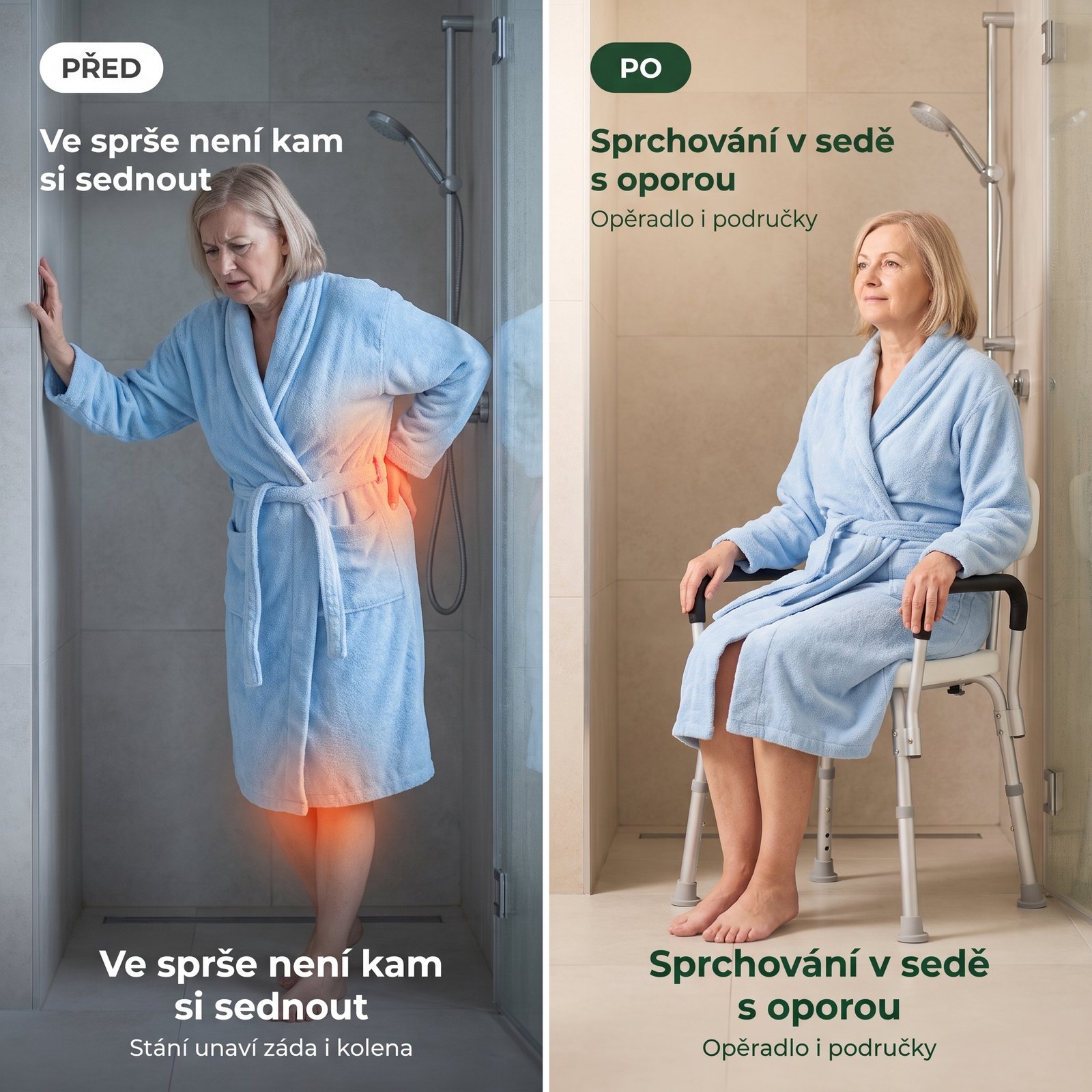 Sprchová židle s opěradlem – před a po, opora zad
