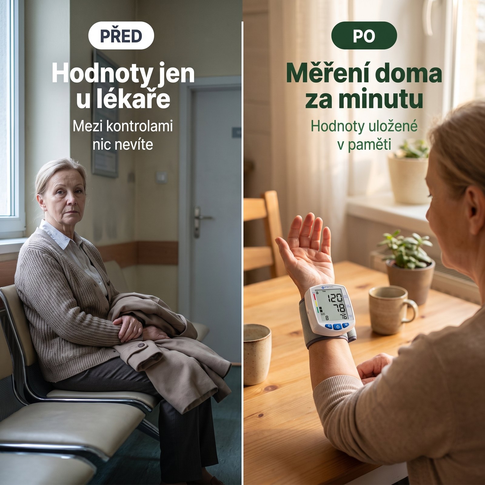 Tlakoměr na zápěstí – před a po, měření doma