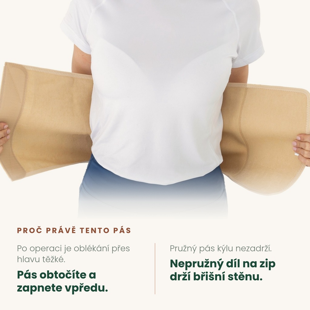 Břišní pás po operaci REH4MAT OT-12 – obtočíte a zapnete vpředu, nepružný díl drží břišní stěnu