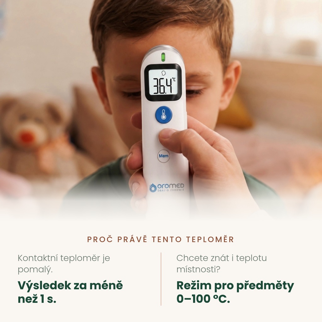 Bezkontaktní čelový teploměr Oromed ORO-COMPACT – měření pod sekundu
