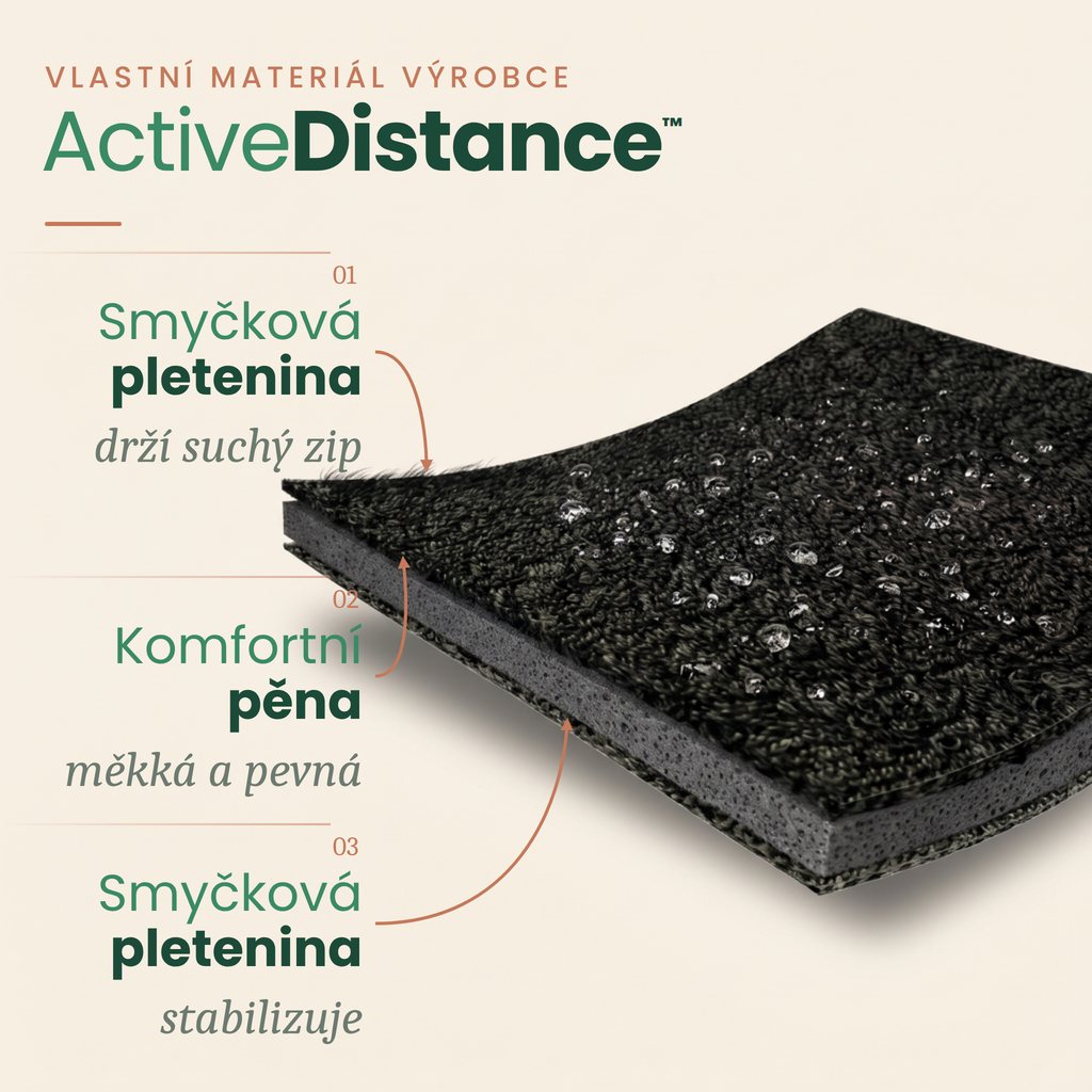 Vlastní materiál REH4MAT ActiveDistance™ – smyčková pletenina a komfortní pěna ve třech vrstvách