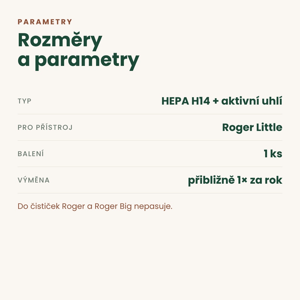 Filtr Roger Little Dual Filter H14 – parametry a rozměry