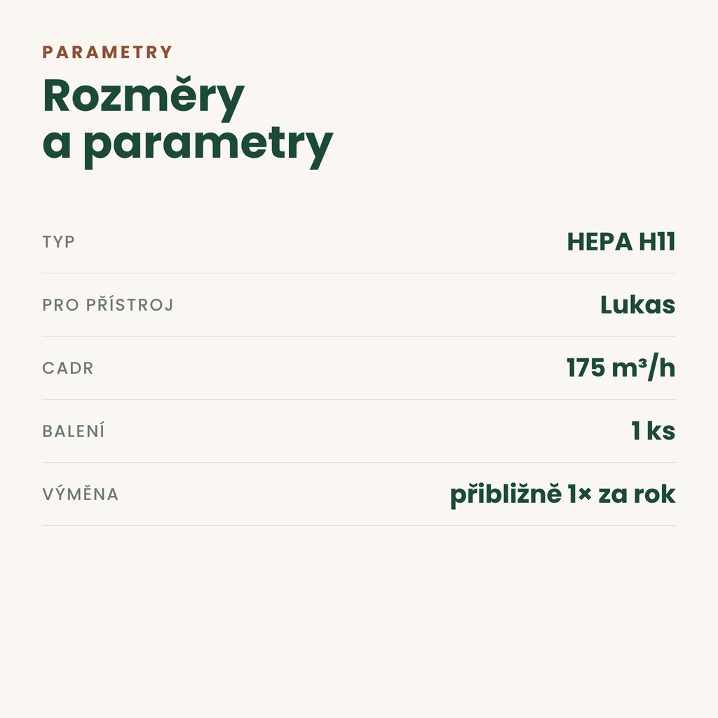 HEPA filtr Lukas Filter H11 – parametry