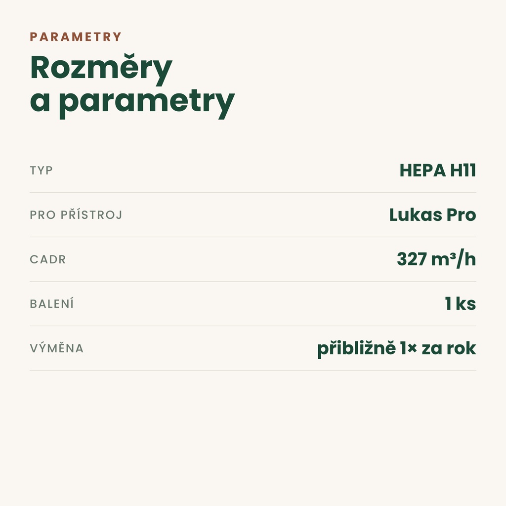 HEPA filtr Lukas Pro Filter H11 – parametry