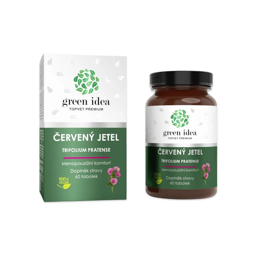 Červený jetel Trifolium pratense luční bylina fytoestrogeny isoflavony Green Idea tobolky