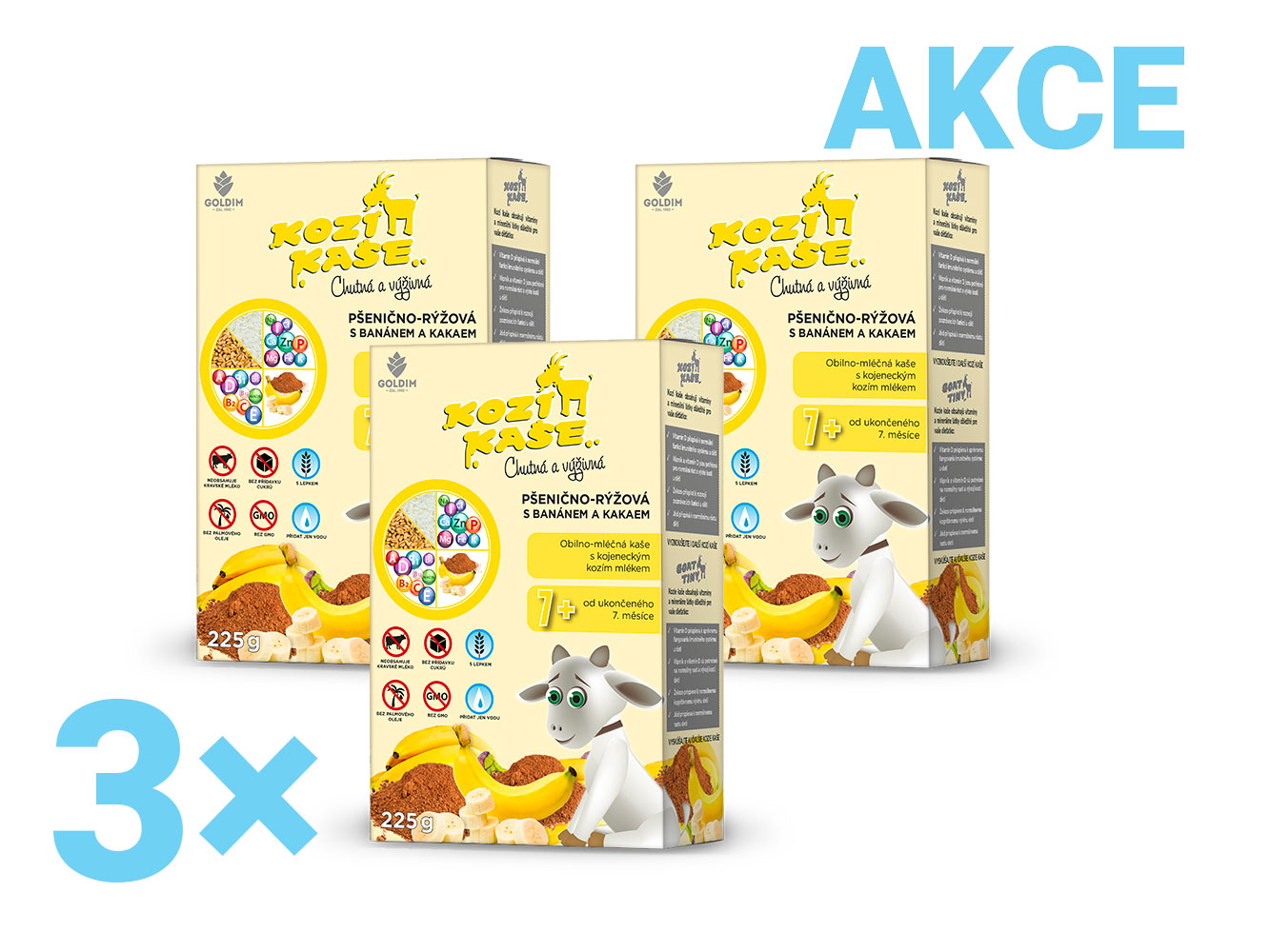 GOLDIM Kozí kaše pšenično-rýžová banán + kakao multipack 3x 225g