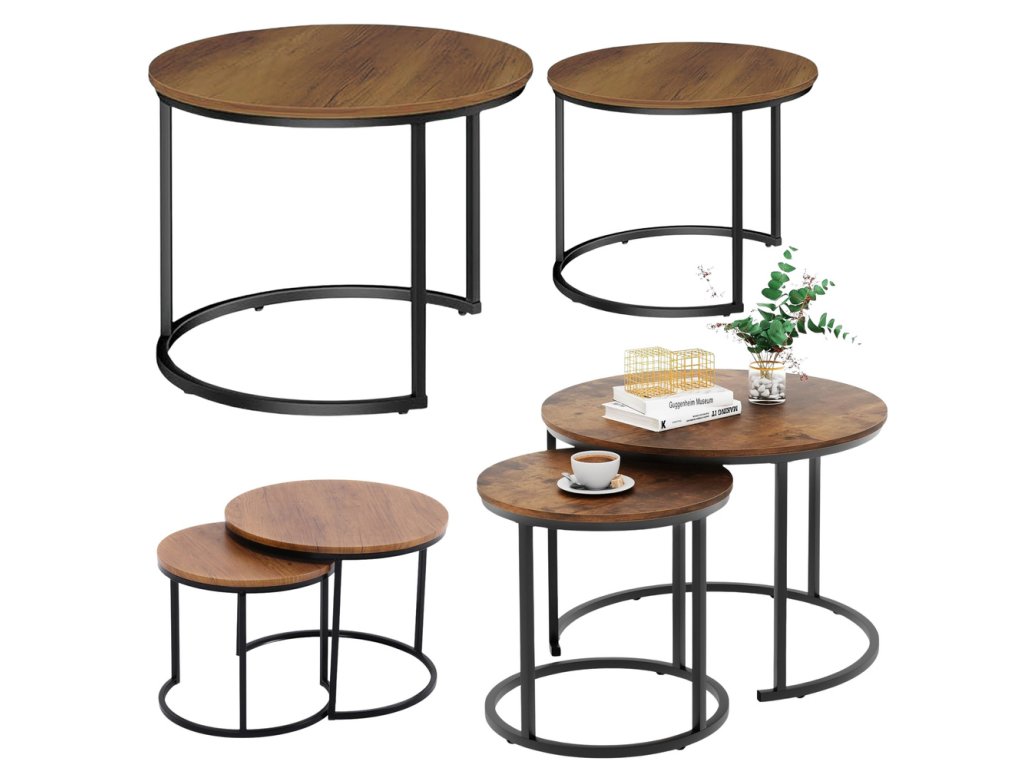 Sada Kulatých Konferenčních Stolků 2v1 Vintage Přírodní Dřevo 60x45cm 40x40cm