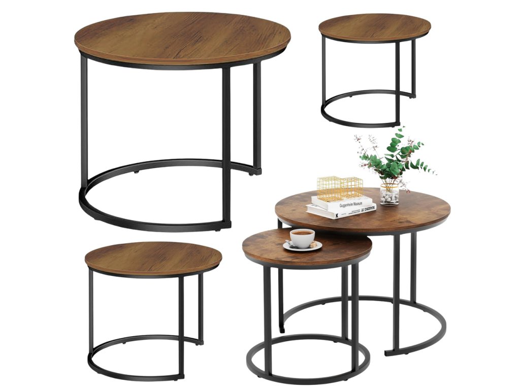 Sada Kulatých Kávových Stolků 3v1 Vintage Přírodní Dřevo 51cm 40cm 30cm