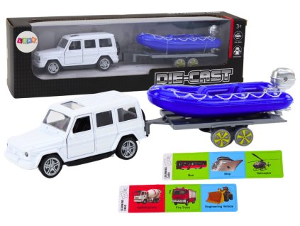 Kovové Terénní Auto s Přívěsem a Motorovým Člunem Bílá Modrá