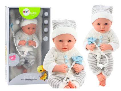 Panenka Miminko v Bílo-Šedém Oblečku S Pruhy Čepička Dudlík Peřinka