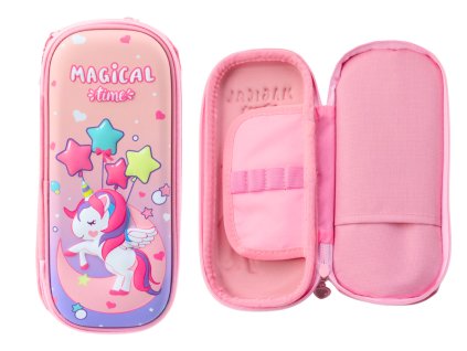 Růžový 3D penál s jednorožcem, dvoukomorový, 24 cm x 11 cm x 7 cm