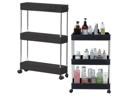 Víceúčelový Mobilní Regál na Kolečkách se 3 Policemi Černý