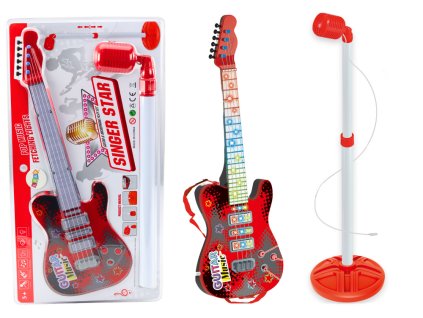 Sada Elektrická Kytara Stojan s Mikrofonem na Baterie Červená
