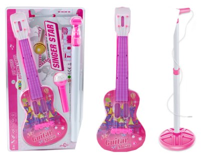 Sada Elektrická Kytara Stojan s Mikrofonem Na Baterie Růžová