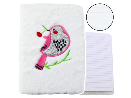 Plyšový Zápisník v Liniích s Ptákem Stříbrný Třpyt Bílý