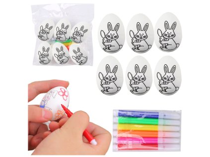 Sada Velikonočních Styroporových Vajíček k Malování se Zaječími Vzory a Fixy - 6 ks