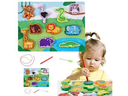 Dřevěná skládačka Magnety Šňůrka Pro Proplétání Zvířátek