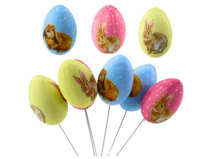 Velikonoční vejce na drátku s barevnými zajíčky 6ks