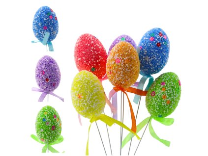 Velikonoční vajíčka na drátku barevná bílý vzor mašlička ozdoba 6ks