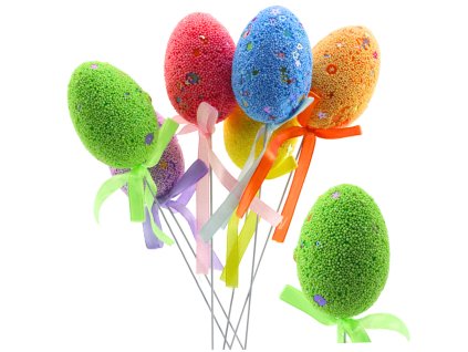 Velikonoční vajíčka na drátku, barevné vzory, stuha, dekorace, 6 ks