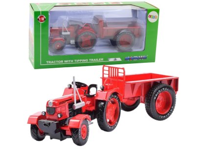 Kovový Zemědělský Traktor S Přívěsem Červený 1:18