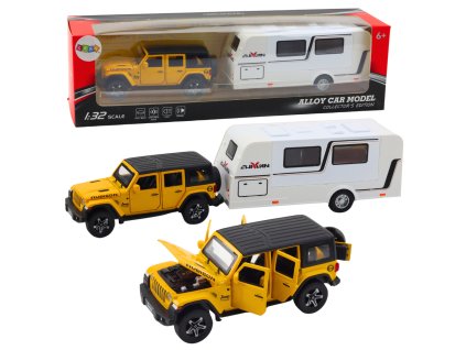 Set Auto Terénní s Karavanem Kovové Pohon Světla Zvuky Žluté 1:32