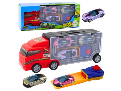 Nákladní Auto s Garáží a Auta s Katapultem 3ks Červené