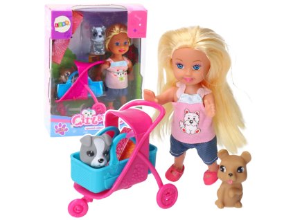 Sada Mini Panenka Kočárek Nosítko Pejsci Šedý Hnědý