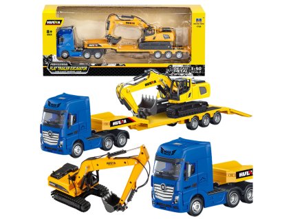 Kamion s Přívěsem Autopřepravník a Bagr Kovový Huina Žlutý 1:50