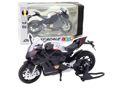 Kovový Sportovní Motocykl Světla Zvuky Stříbrné Prvky Černý V4 1:12