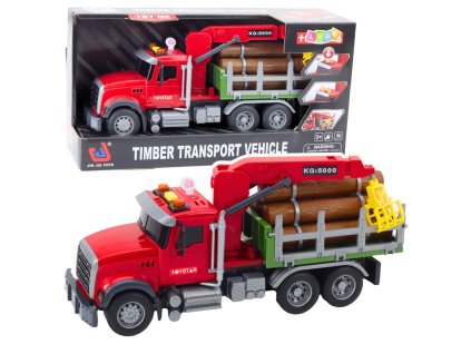 Červený nákladní vůz s jeřábem na dřevo Světla Zvuky 1:14