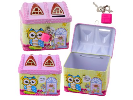 Kovová Pokladnička Domeček Sova Zámek Klíčky Růžová