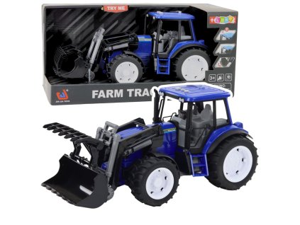 Farmářský Traktor s Pohyblivou Lžící Světla Zvuky Modrý 1:10