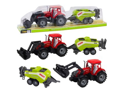 Sada traktor s nakladačem a zemědělským lisem červený