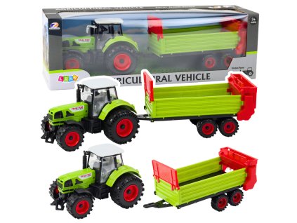 Zelený traktor s přívěsem, setrvačníkový pohon, otevírací maska a dveře