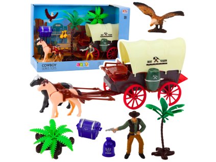 Sada Kovbojské Figurky Vozík Western Koně Kovboj Palmy