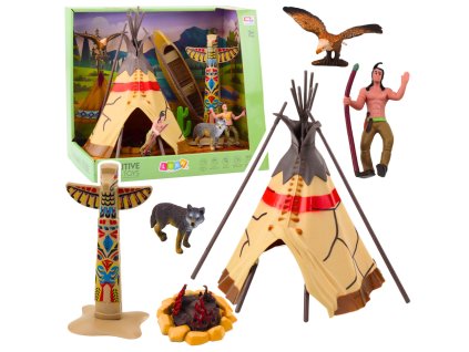 Sada Indiánské Figurky Vesnice Indiáni Stan Tipi Kajak Totem