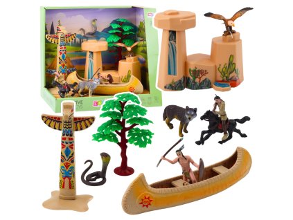 Sada Indiánských Figurek Vesnice Indiánů Kánoe Totem