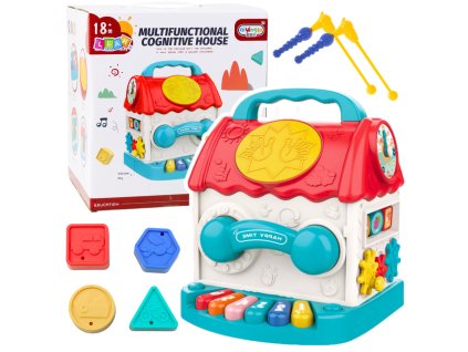 Interaktivní edukační domek Kostka s chrastítkem a třídičem tvarů, zvuky a barvy