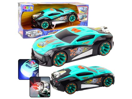 Závodní auto s raketou, zadní kola, světla, zvuky